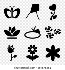 Floral icons set. set of 9 floral filled icons such as butterfly, flower, rose, heart flower, pond