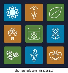 floral icons set. Set of 9 floral outline icons such as sunflower, butterfly, flower, leaf, rose