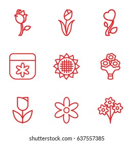 Floral icons set. set of 9 floral outline icons such as sunflower, flower, rose, heart flower, bouquet flower, tulip