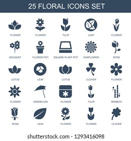 floral icons. Trendy 25 floral icons. Contain icons such as flower, tulip, leaf, bouquet, flower pot, square plant pot, sunflower, rose, lotus. floral icon for web and mobile.