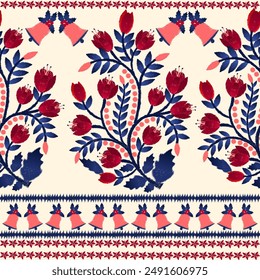 Floral ikat art pattern on white background.geometric ethnic oriental embroidery vector illustration.pixel style,flora chirstmas abstract background,cross stitch.design for texture,fabric,cloth,scarf