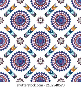 Floral Ikat ethnic motif seamless pattern design. Aztec fabric carpet mandala ornaments textile decorations wallpaper. Tribal boho native African turkey traditional embroidery vector background 