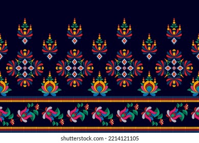 Diseño de decoración con motivos de estilo étnico Floral ikat sin fisuras. Motif indígena tribal adorna el vector tradicional de bordado de polaco africano húngaro. Moqueta de tela azteca con mandalas textil decorativa.