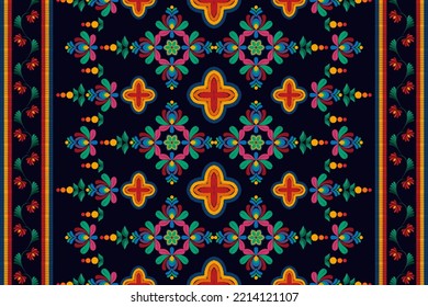 Diseño de decoración con motivos de estilo étnico Floral ikat sin fisuras. Motif indígena tribal adorna el vector tradicional de bordado de polaco africano húngaro. Moqueta de tela azteca con mandalas textil decorativa.