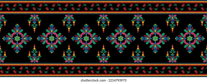 Floral ikat ethnic seamless pattern decoration design. Tribal native motif ornaments African polish Hungarian traditional embroidery vector. Aztec fabric carpet boho mandalas textile home decorative.