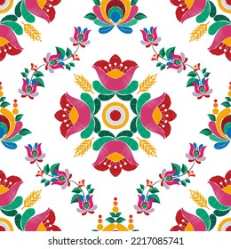 Floral ikat ethnic seamless pattern decoration design. Tribal native motif ornaments African polish Hungarian traditional embroidery vector. Aztec fabric carpet boho mandalas textile home decorative.