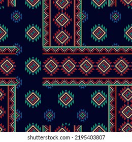 Diseño de patrones de tejido étnico kat floral. Moqueta de tela geométrica azteca con mandalas en la decoración textil papel tapiz. Nacimiento tribal afroamericano pavos indios tradicionales vectores de bordado
