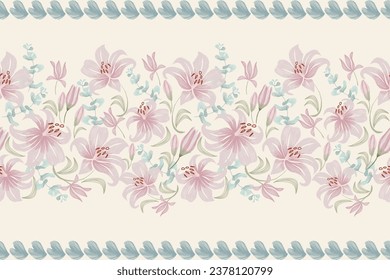 Floral ikat pattern batik border seamless.Pastel Pink lily flowers Ikat design paisley embroidery with floral motifs. Ethnic pattern oriental traditional. Ikat pattern seamless vector illustration. 