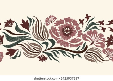 Floral ikat pattern border seamless. Vintage Rose flowers Ikat design paisley embroidery with floral motifs. Ethnic pattern oriental traditional. Ikat pattern seamless vector illustration. 