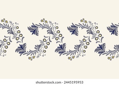 Borde de patrón de ikat floral sin costuras. Silueta Flores azules Ikat diseño paisley bordado con motivos florales. Patrón étnico tradicional oriental. Ikat patrón de Ilustración vectorial sin fisuras. 