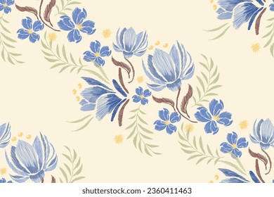 Floral ikat pattern border seamless.Pastel blue flowers Ikat design paisley embroidery with floral motifs. Ethnic pattern oriental traditional. Ikat pattern seamless vector illustration. 