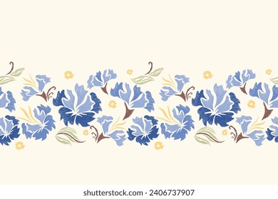 Floral ikat pattern border seamless.Pastel blue flowers Ikat design paisley embroidery with floral motifs. Ethnic pattern oriental traditional. Ikat pattern seamless vector illustration. 