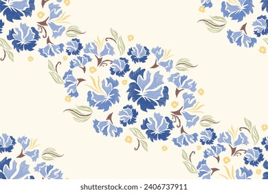 Floral ikat patrón borde sin fisuras.Flores azules pasteles Ikat diseño paisley bordado con motivos florales. Patrón étnico oriental tradicional. Ikat patrón de ilustración vectorial sin fisuras. 