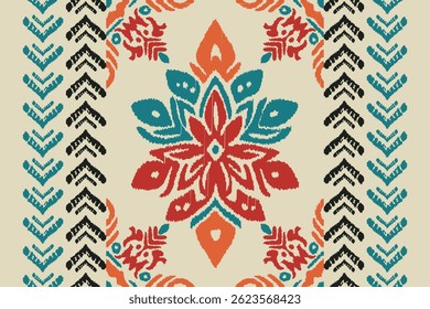 Floral Ikat pattern embroidery border. Motifs African boho paisley background.Ethnic floral Indian seamless.Aztec traditional textile design. Illustration for fabric, textiles