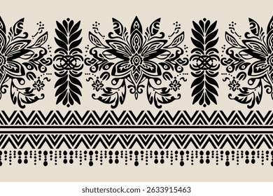 Floral Ikat pattern embroidery border.Motifs African boho paisley background.Ethnic floral Indian seamless.Aztec traditional textile design. Illustration for fabric, textiles