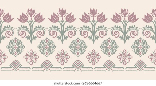 Floral Ikat pattern embroidery border.Motifs African boho paisley background.Ethnic floral Indian seamless.Aztec traditional textile design. Illustration for fabric, textiles