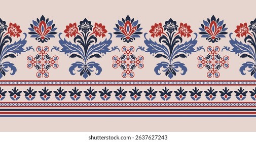 Floral Ikat pattern embroidery border.Motifs African boho paisley background.Ethnic floral Indian seamless.Aztec traditional textile design. Illustration for fabric, textiles