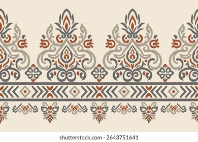 Floral Ikat pattern embroidery border.Motifs African boho paisley background.Ethnic floral Indian seamless.Aztec traditional textile design. Illustration for fabric, textiles