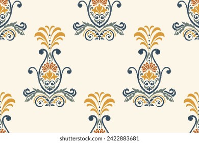 Floral Ikat pattern embroidery tropical abstract ethnic vintage flowers design vector illustration hand drawn batik wallpaper border design