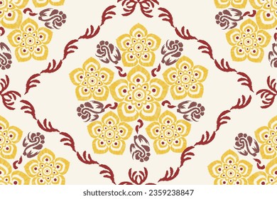 Floral Ikat pattern embroidery vector illustration. Golden yellow flower traditional ikat design seamless on white background. Ikat ethnic oriental seamless pattern traditional.