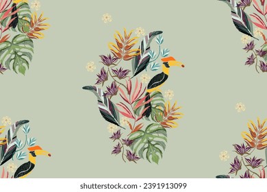 Floral Ikat patrón hornbill bordado flores tropicales diseño de la jungla africana ilustración del vector papel de pared de batik dibujado a mano diseño de borde