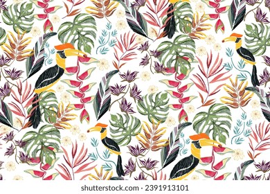 Blumenmuster Ikat-Muster Hornvogel Stickereien tropische Blumen Afrikanische Dschungeldesign Vektorgrafik handgezeichnet Batik Wallpaper Grenzdesign