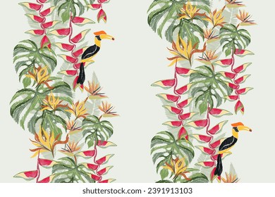 Floral Ikat patrón hornbill bordado flores tropicales diseño de la jungla africana ilustración del vector papel de pared de batik dibujado a mano diseño de borde