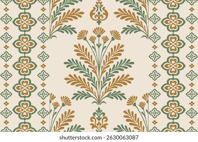 Floral ikat pattern with ornamental symmetrical green and brown traditional textile design inspired by ethnic embroidery, ideal for fabric, wallpaper, folk decoration, and cultural prints.