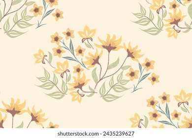 Floral Ikat pattern seamless 
background border frame. Vector illustration hand drawn ditsy yellow flower motif with branches leaves. 