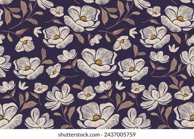 Floral Ikat pattern seamless. Batik vintage white wild roses flower motifs embroidery hand draw design. Vector illustration