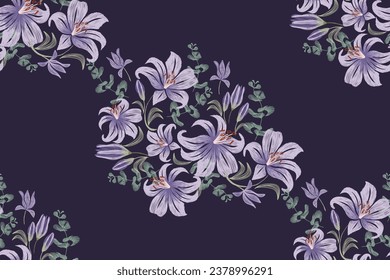 Floral ikat pattern seamless. Lily blue flowers watercolour paisley embroidery with floral motifs. Ethnic pattern oriental traditional. Lily 
pattern seamless vector illustration.Dark background