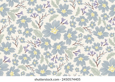 Patrón floral sin fisuras. Flores azules vintage pastel Ikat diseño bordado paisley con motivos florales de prímula ditsy. Ilustración vectorial étnica oriental tradicional. 