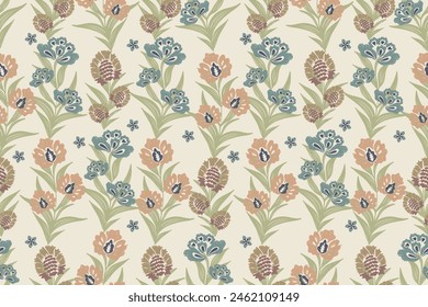 Floral Ikat pattern seamless. Vintage flowers textured embroidery design  motifs. Ethnic pattern oriental traditional vector illustration. 