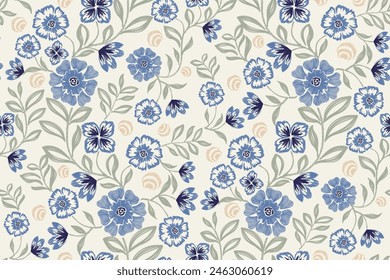 Floral Ikat pattern seamless. Vintage blue flowers textured embroidery stitch design  motifs. Ethnic pattern oriental traditional vector illustration. 