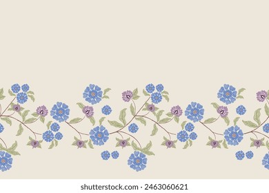 Floral Ikat pattern seamless. Vintage blue flowers textured embroidery stitch design  motifs. Ethnic pattern oriental traditional vector illustration. 