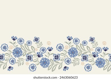 Patrón Ikat floral sin costuras. Motivos de diseño de punto de bordado texturizado de flores azules de Antiguas. Patrón étnico oriental tradicional Ilustración vectorial. 