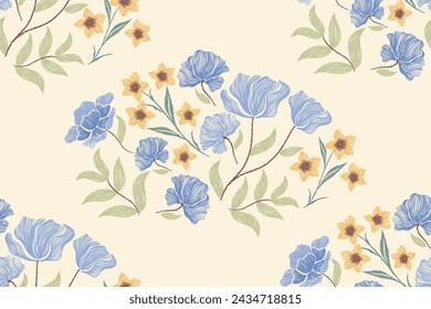 Floral Ikat patterns seamless embroidery ethnic batik vintage Flower motifs paisley print template. Blue flowers design hand drawn. Vector illustration. 