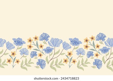 Patrones de Ikat floral bordado sin fisuras étnico batik vintage motivos de flores paisley plantilla de impresión. Flores azules diseño dibujado a mano. Ilustración vectorial. 