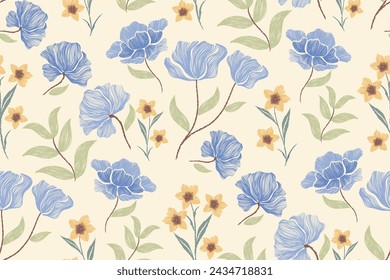 Floral Ikat patterns seamless embroidery ethnic batik vintage Flower motifs paisley print template. Blue flowers design hand drawn. Vector illustration. 