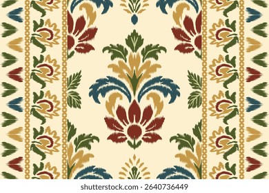 Floral ikat seamless pattern with ethnic embroidery and Aztec elements, perfect for traditional textile illustration and stylish fabric design.