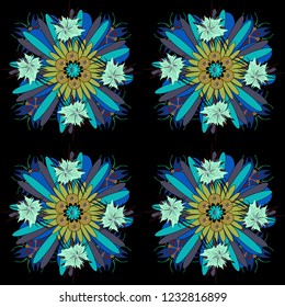Floral illusion seamless pattern. Black, green and blue vector illustration.