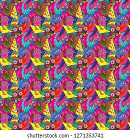 Floral illusion seamless pattern. Blue, yellow and pink vector illustration.