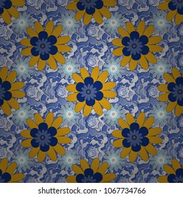 Floral illusion seamless pattern. Gray, blue and orange vector illustration.