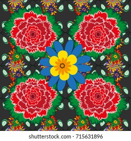 Floral illusion seamless pattern. Green, gray and red vector illustration.