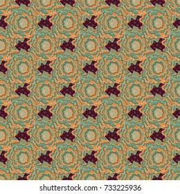 Floral illusion seamless pattern. Green, orange and beige vector illustration.