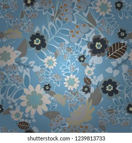 Floral illusion seamless pattern. Neutral, blue and gray vector illustration.