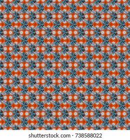 Floral illusion seamless pattern. Orange, blue and gray vector illustration.