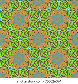 Floral illusion seamless pattern. Orange, green and brown vector illustration.