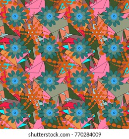 Floral illusion seamless pattern. Orange, green and blue vector illustration.
