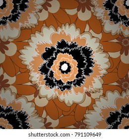 Floral illusion seamless pattern. Orange, beige and black vector illustration.